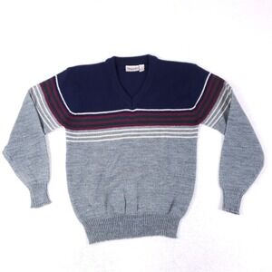 Trent Vintage 80s Striped Colorblock V-Neck Sweater Medium Gray Navy